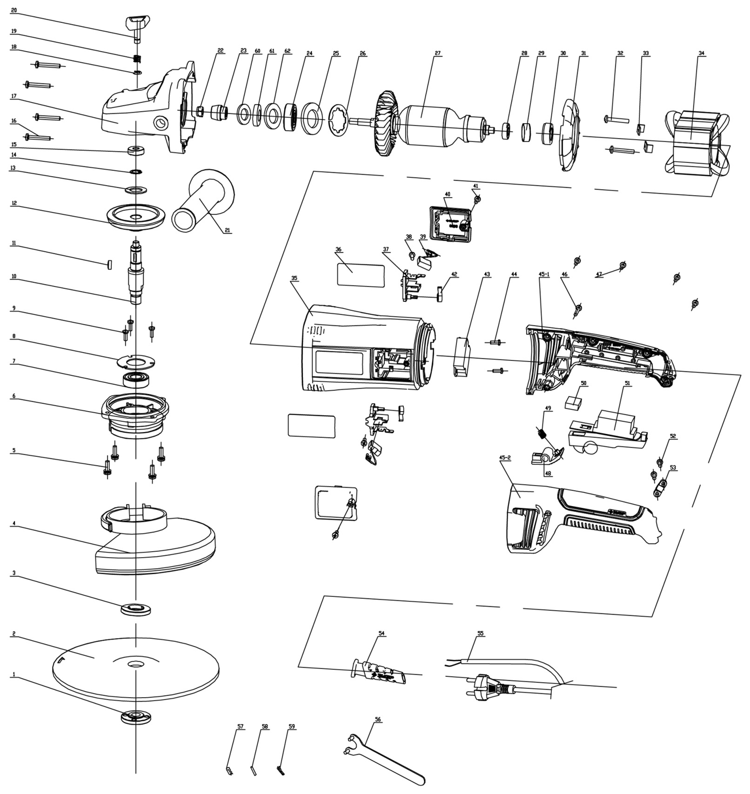 ЗУБР 2400 Вт, d230 мм, УШМ (УШМ-230-2405 П) - разборная схема